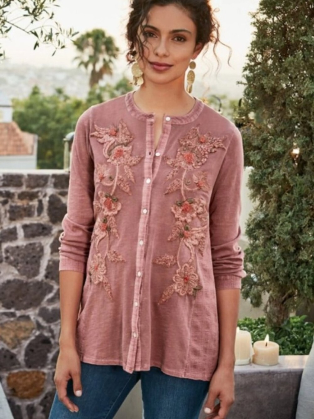 Soft Surroundings Womens Pink L’echante Floral Embroidery Button-Up Top Size L